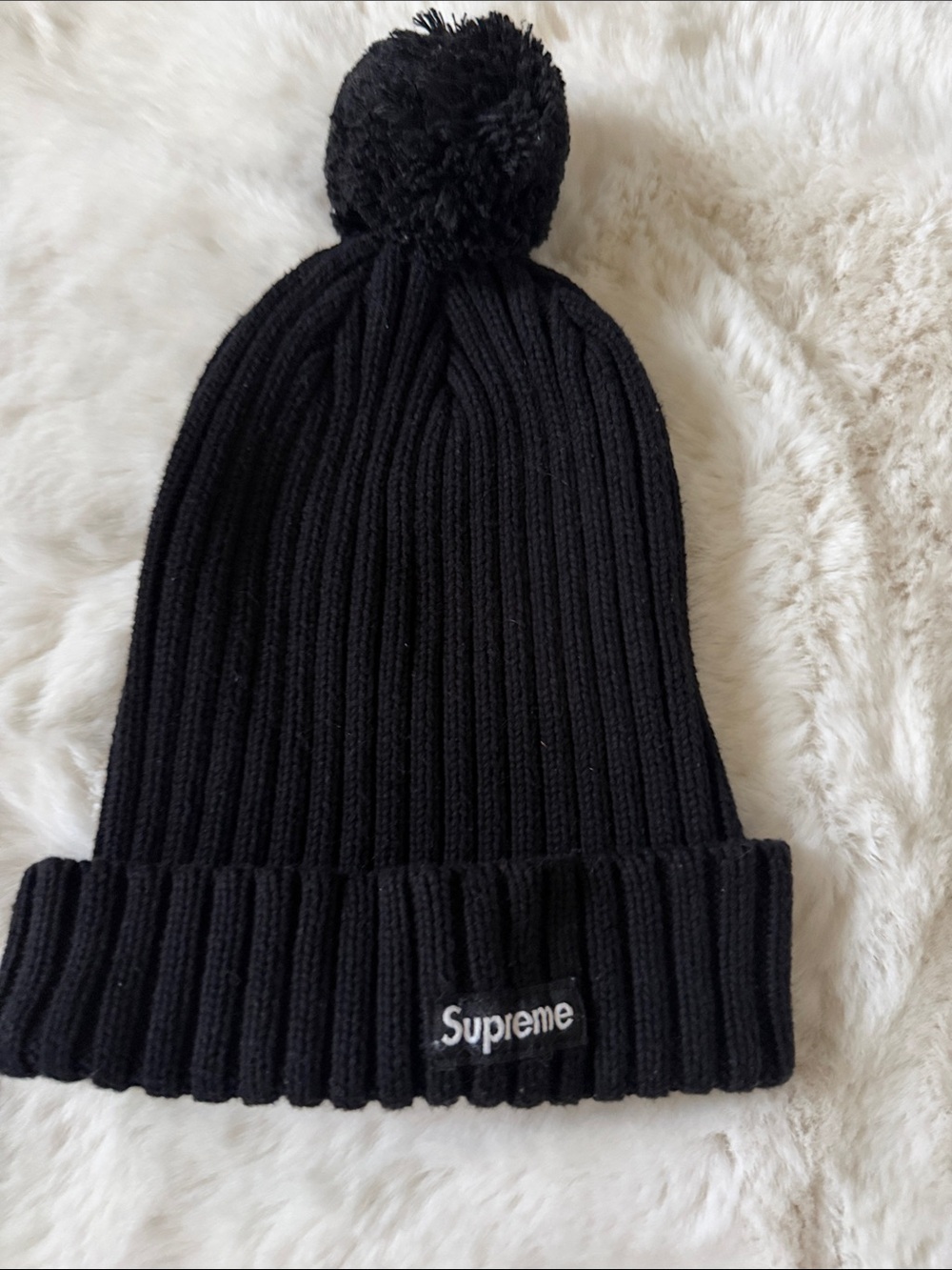 Supreme Black Ribbed Pom Beanie